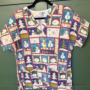 Festive Snowman Print Scrub Top